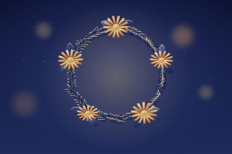 A wreath of rosemary with yellow arnica flowers, painted in midnight blue and lantern gold