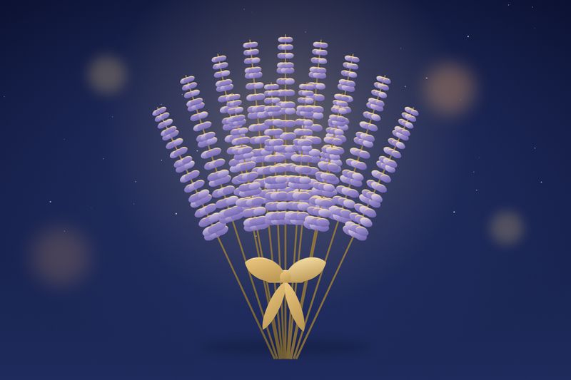 A bundle of lavender tied with a ribbon, painted in midnight blue and lantern gold