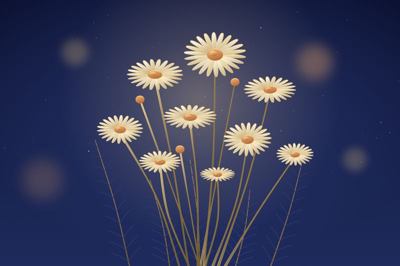 Chamomile flowers on long stems, painted in midnight blue and lantern gold
